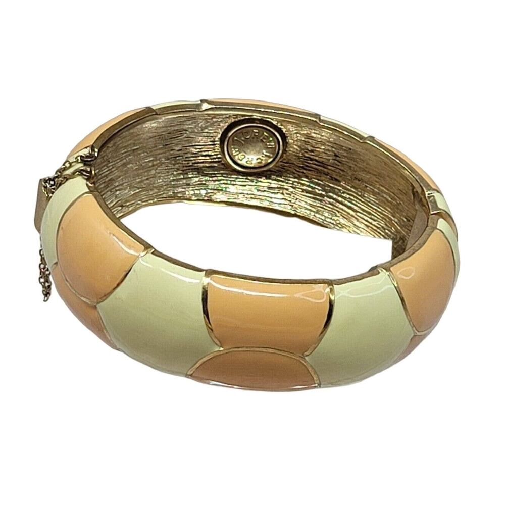 J. Crew Closionne Style Enamel Goldtone Bracelet Peach Cream Hinged Safety Clasp